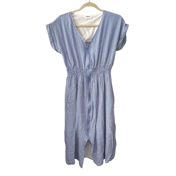 Kindred Small Blue White Striped Smocked Waist Zip Front Midi Dress - Picture 1 of 6